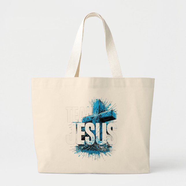 Team Jesus Tote Bag | Christliches Cross Design Jumbo Stoffbeutel (Vorne)
