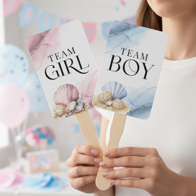 Team Junge oder Mädchen Küsten-Geschlechtsenthüllu Fächer (Team Girl / Boy Hand Fans from the Coastal Gender Reveal - We Shell Sea collection by Darling & May)