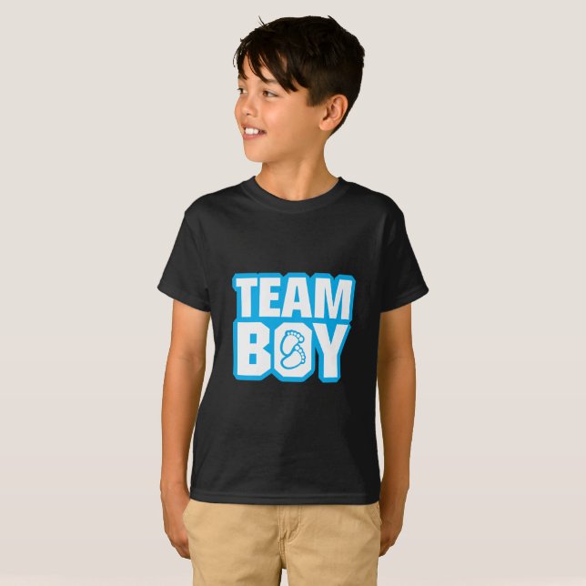 Team-Jungen-Baby-Duschen-Geschlecht decken T-Shirt (Vorne ganz)