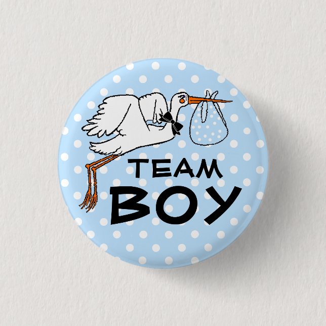 Team-Jungen-Storch-Babyparty-Geschlecht decken auf Button (Vorderseite)