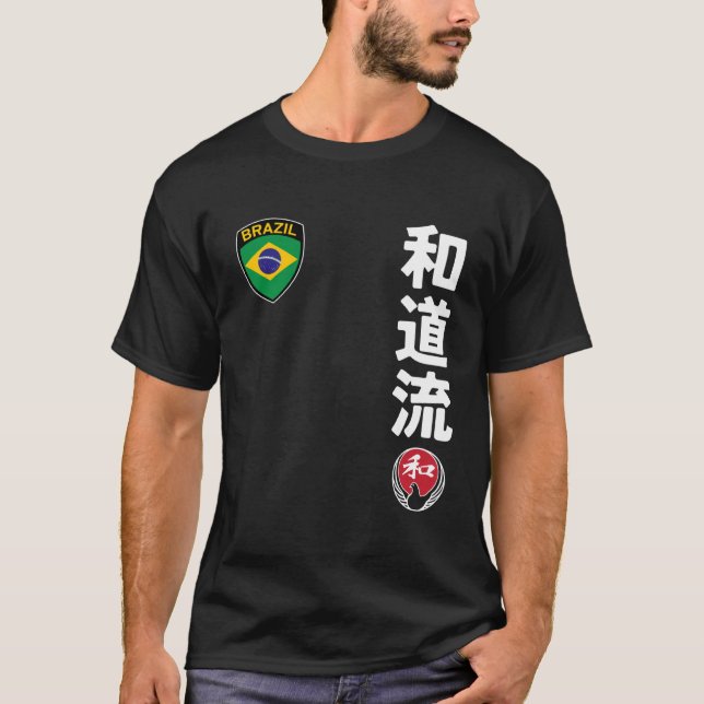 Team Karate Wado Ryu Brazil Flag Kanji Japanese Ma T-Shirt (Vorderseite)