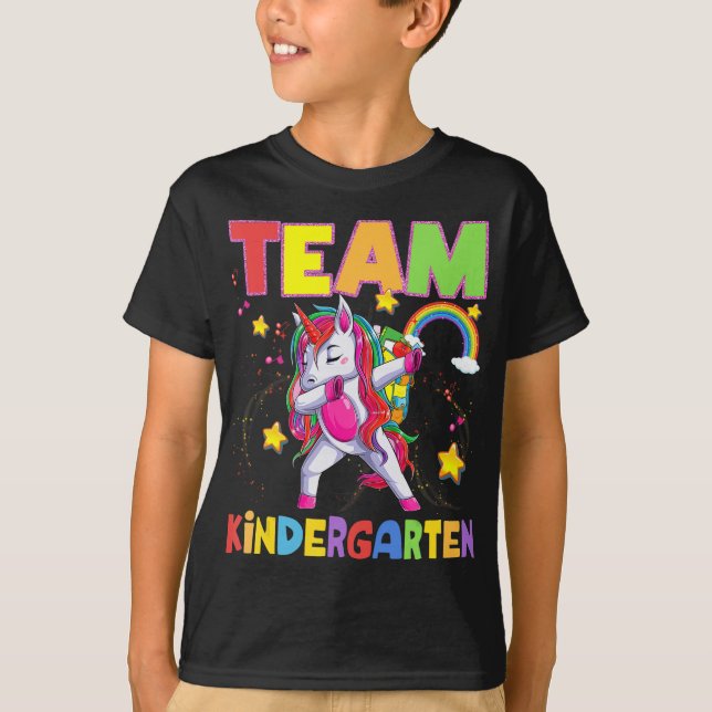 Team Kindergarten Dabbing Unicorn Zurück zur Schul T-Shirt (Vorderseite)