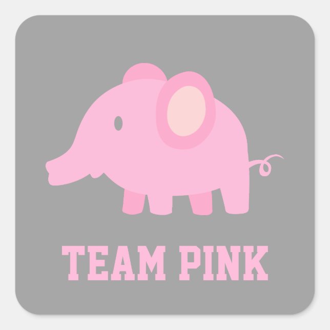 Team Pink, Baby Girl Elephant, Gender Reveal Party Quadratischer Aufkleber (Vorderseite)