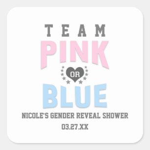 Team PINK oder BLAU Geschlecht Enthüllung Baby Sho Quadratischer Aufkleber
