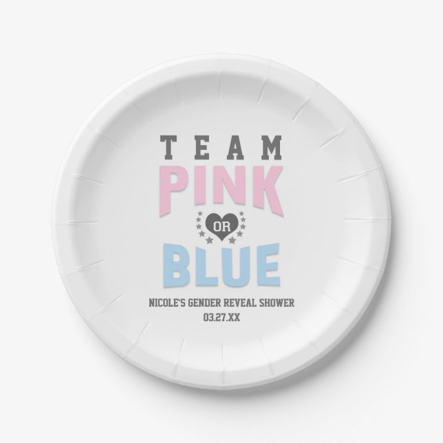 Team PINK oder BLUE Gender Reveal Baby Shower Pappteller (Vorderseite)
