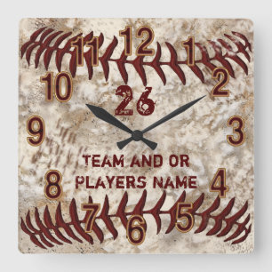 Team, Player's NAME, NUMBER Dirty Baseball Clocks Quadratische Wanduhr
