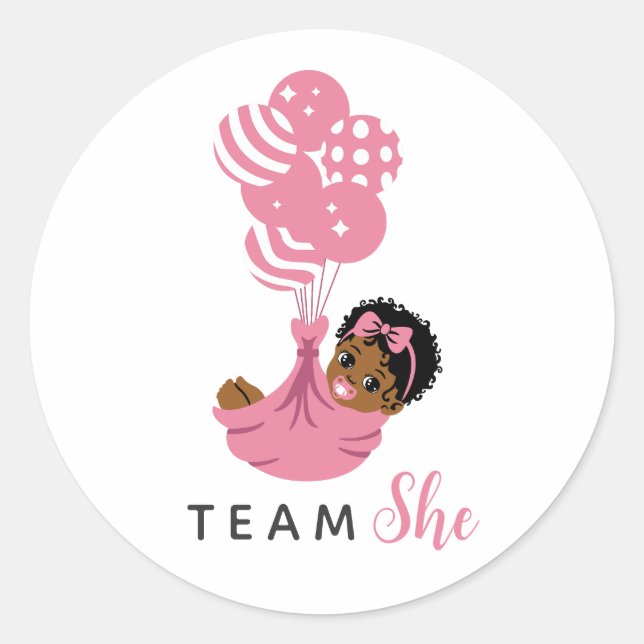 Team She Pink Balloon African American Baby Girl Runder Aufkleber (Vorderseite)