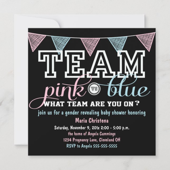 Team Spirit Gender Reveal Baby Shower Einladung (Vorderseite)