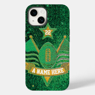 Team Sports Green & Gold Glitzer Uni Football Case-Mate iPhone 14 Hülle