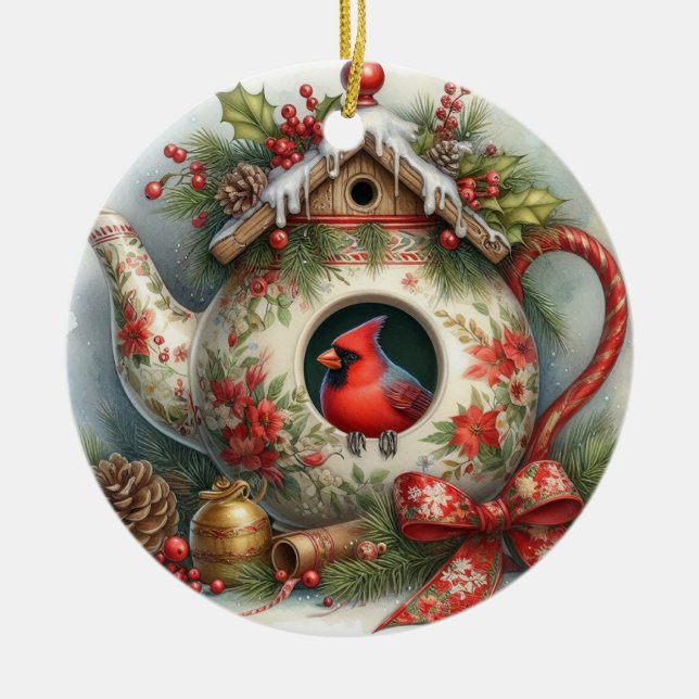 Teapot Birdhouse Kardinal 1 Keramik Ornament (Vorne)