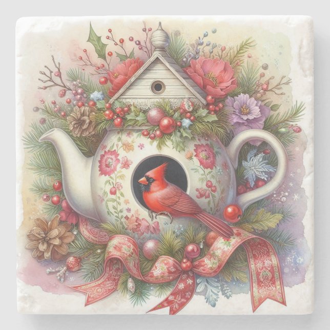 Teapot Birdhouse Kardinal 2 Steinuntersetzer (Vorderseite)