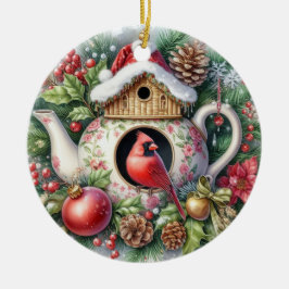Teapot Birdhouse Kardinal 3 Keramik Ornament