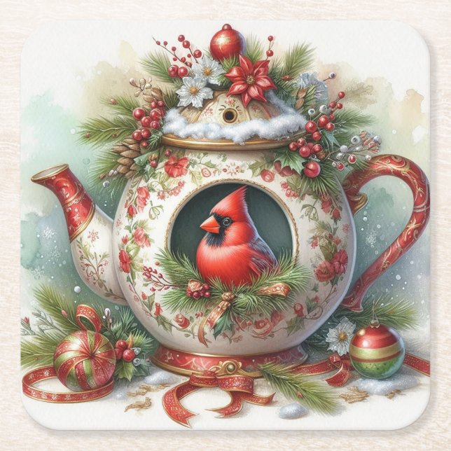 Teapot Birdhouse Kardinal 5 Rechteckiger Pappuntersetzer (Vorderseite)