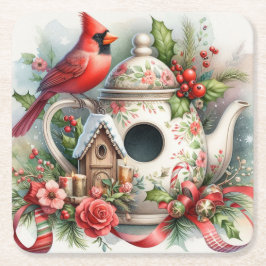 Teapot Birdhouse Kardinal 6 Rechteckiger Pappuntersetzer
