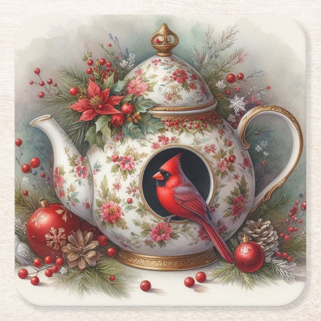 Teapot Birdhouse Kardinal 7 Rechteckiger Pappuntersetzer (Vorderseite)