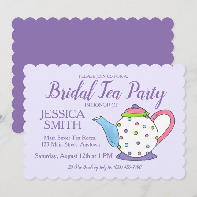 Teapot Bridal Polterabend Lila Tee Party Einladung (Vorne/Hinten)