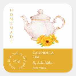 Teapot Calendula Tea Label Quadratischer Aufkleber