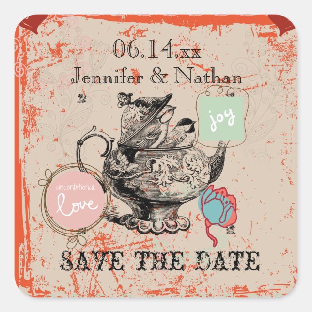 Teapot Fantasy Grunge Save the Date Stickers (Vorderseite)