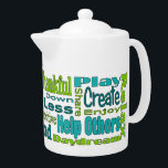 Teapot für aquamarine und grüne inspirierende Wört<br><div class="desc">Eine Tasse,  die mit positiven Worten und Phrasen abgedeckt ist,  die Frieden,  Dankbarkeit,  Glück und eine positive Einstellung fördern! Matching Tasse verfügbar!</div>