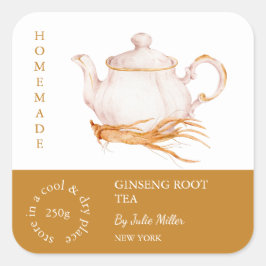 Teapot Ginseng Root Tee Label Quadratischer Aufkleber