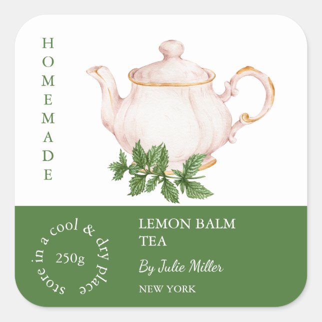 Teapot Lemon Balm Tea Label Quadratischer Aufkleber (Vorderseite)