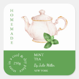 Teapot Mint Tea Label Quadratischer Aufkleber