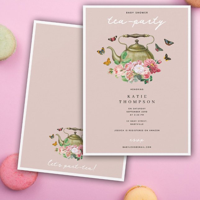 Teapot Party Pink Floral Butterflies Baby Shower Einladung (Teapot Party Pink Floral Butterflies Baby Shower Invitation)