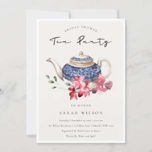 Teapot Red Floral Brautparty Tee Party Einladung