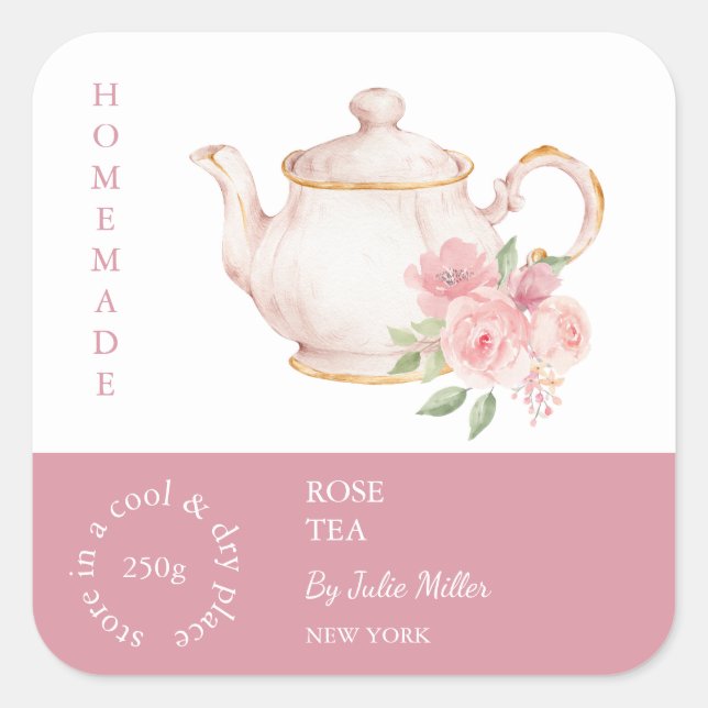 Teapot Rose Tee-Etikett Quadratischer Aufkleber (Vorderseite)