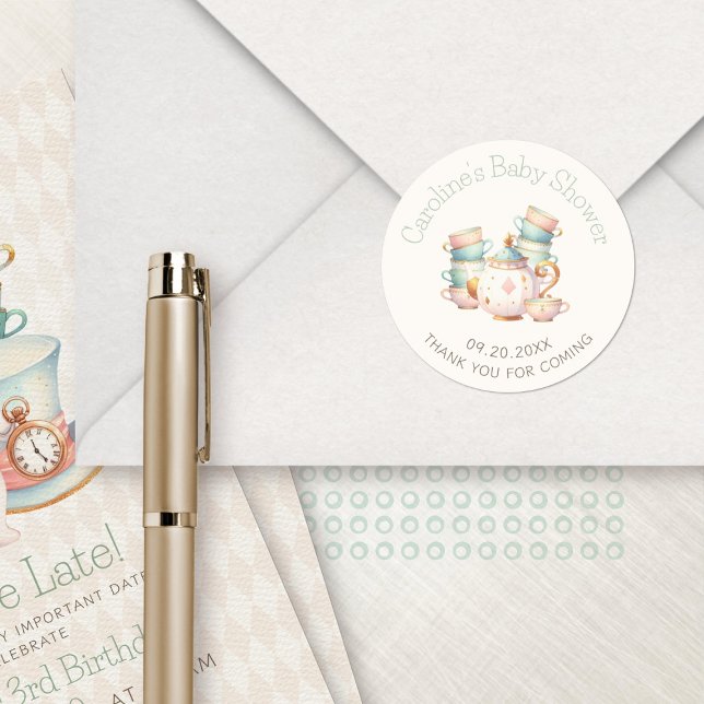 Teapot Teacups Wunderland Dusche Geburtstag Runder Aufkleber (Von Creator hochgeladen)