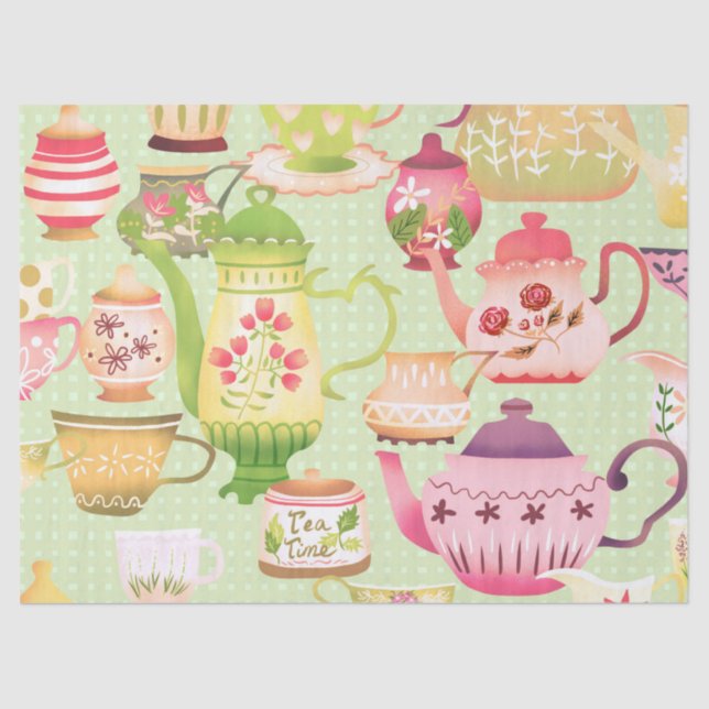 Teapots Teacups Green Seidenpapier (Vorderseite)