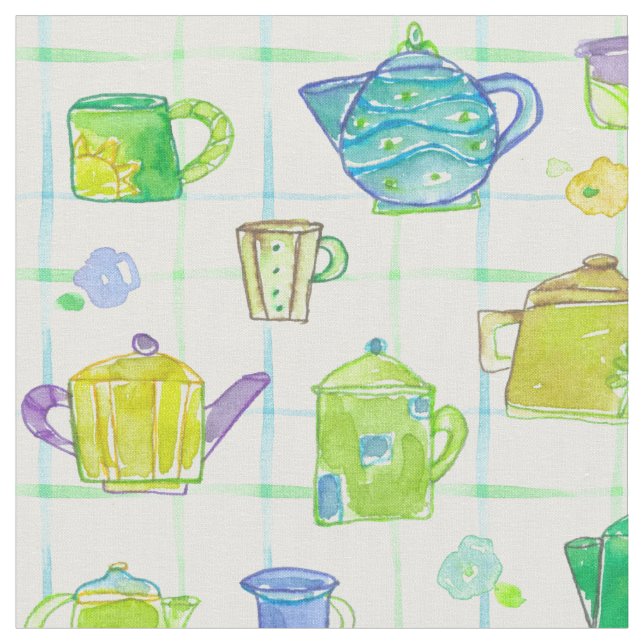 Teapots Teacups Wasserfarbige Blume Stoff (Nahaufnahme)