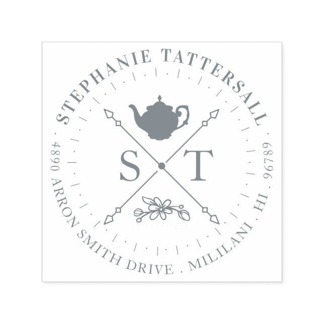 Teatime Vintag Teapot Monogram & Address Wappen Permastempel (Design)