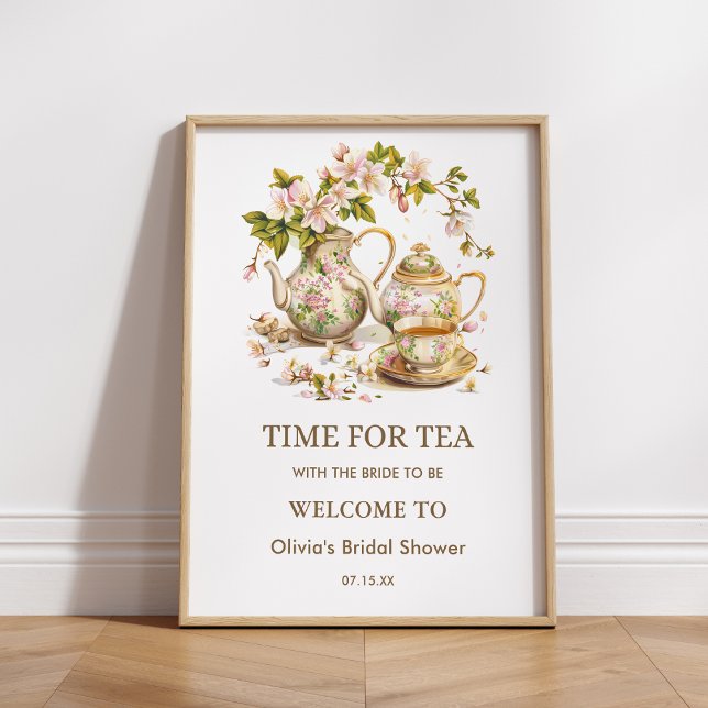 Teatro Floral Time for Tee Brautparty Willkommen Poster (Floral Teapot Time for Tea Bridal Shower Welcome Sign )