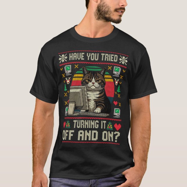 Tech Suprts Cat Engineer Computer Ugly Christmas S T-Shirt (Vorderseite)