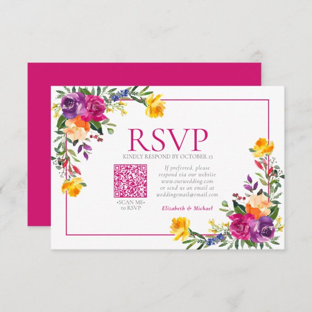 Technicolor Boho Floral QR Code Wedding RSVP (Vorne/Hinten)