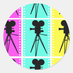 Technicolor-Filmstreifen und Kamerasilhouette Runder Aufkleber
