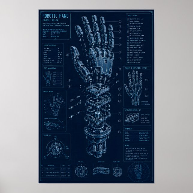 Technischer Bauplan einer Robot-Hand Poster (Vorne)