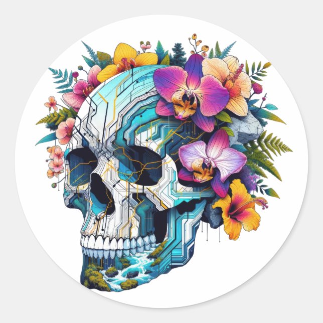 Techno-Bloom Skull Runder Aufkleber (Vorderseite)