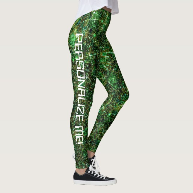 Techno Geek Green Galaxy Glitzer CUSTOM TEXT Leggings (Rechts)