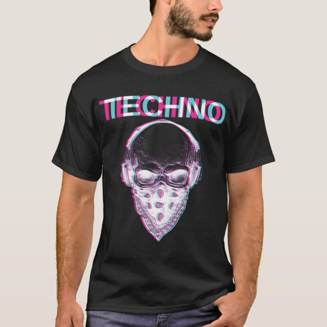 Techno Skull Glitch Trippy EDM Rave Hardstyle-Gesc T-Shirt (Vorderseite)