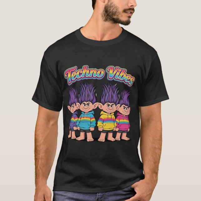 Techno Vibes Troll Squad - Retro Regenbogen-Rave-P T-Shirt (Vorderseite)