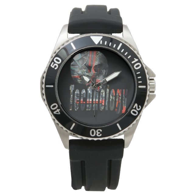 Technologie-Skull und Logo-Mens - Schwarze Gummi-U Armbanduhr (Vorderseite)