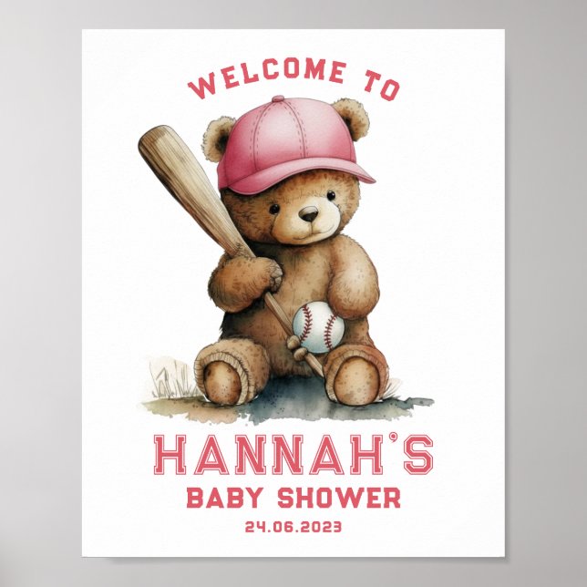 Tedd Bear Baseball Player Boy Welcome Baby Shower Poster (Vorne)