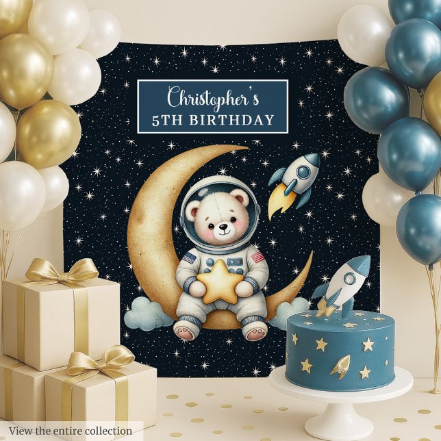 Teddy Astronaut Wall Tapestry für Junge Party Wandteppich (Cute Teddy Bear Astronaut Birthday Party Backdrop Boy)