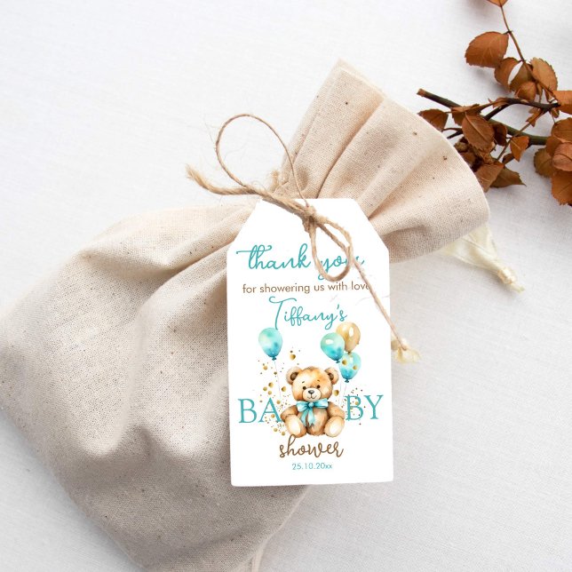 Teddy Baby Dusche danke Ihnen Geschenkanhänger (Teddy baby shower thank you favor gift tags cute teddy with teal and gold balloons)