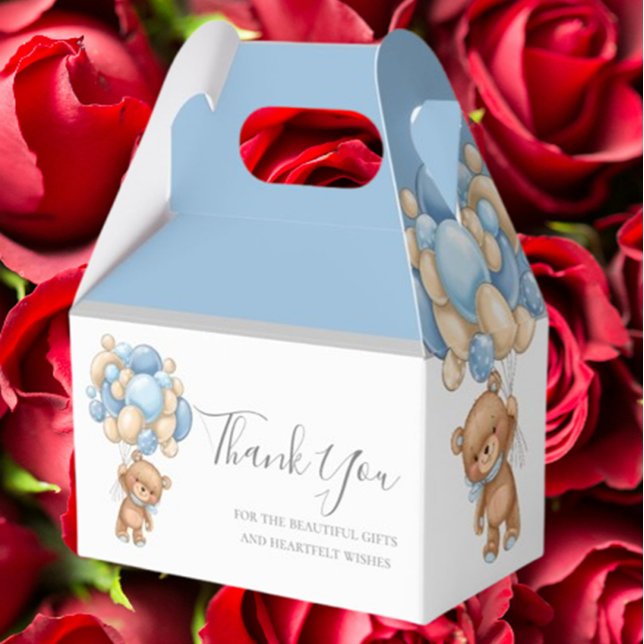 Teddy Balloon Blue Favor Box Geschenkschachtel (perfect for baby showers or birthdays. Delight your guests today!)