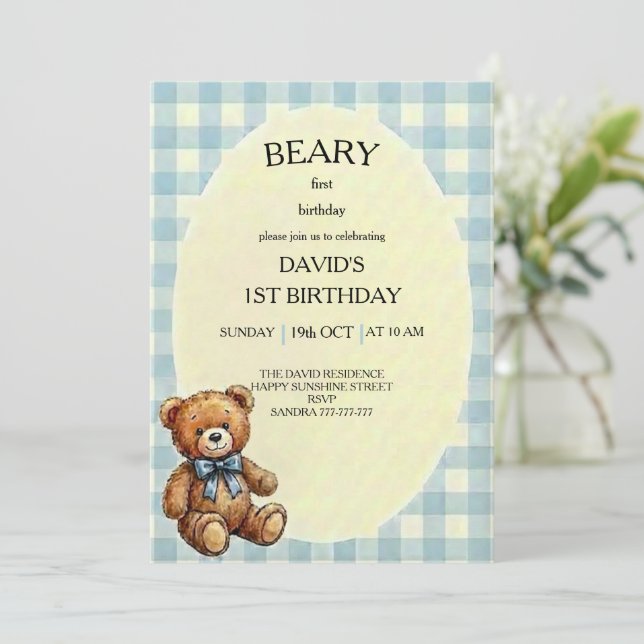 Teddy Bär 1. Geburtstag Einladung (Stehend Vorderseite)