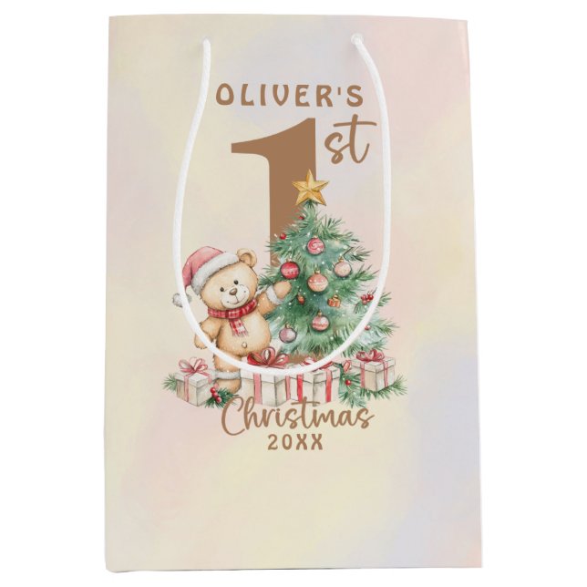 Teddy Bär 1. Weihnachten mit Baum und Geschenken Mittlere Geschenktüte (Vorderseite)