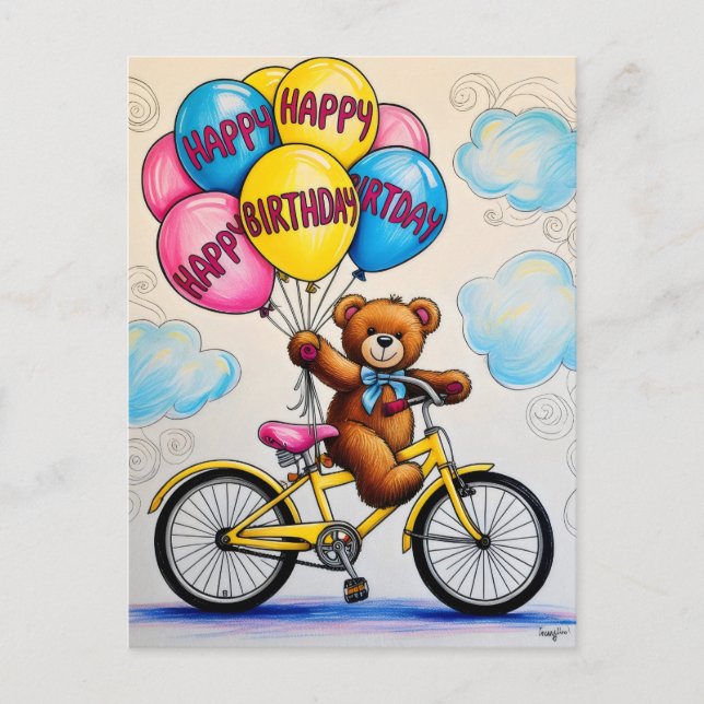 Teddy Bär auf dem Fahrrad mit Ballons Postkarte (Vorderseite)